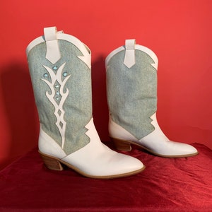 Vintage White Leather And Denim Cowgirl Boots by Nina Size 8, Western Boots, Cowboy Boots