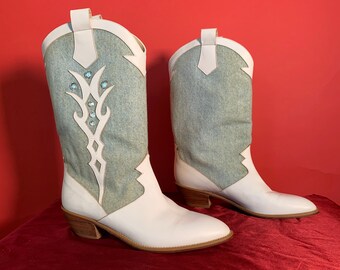 Vintage White Leather And Denim Cowgirl Boots by Nina Size 8, Western Boots, Cowboy Boots