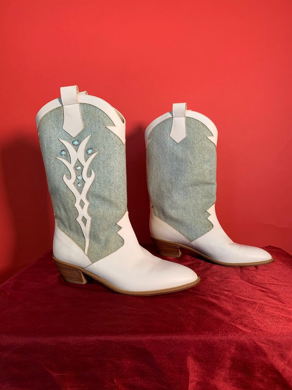 Vintage White Leather and Denim Cowgirl Boots by Nina Size 8