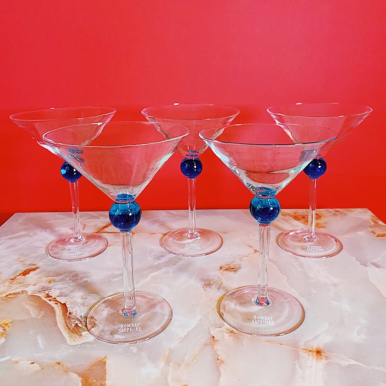 Set shops of 5 Bombay Sapphire Martini Glasses with Blue Ball on Stem