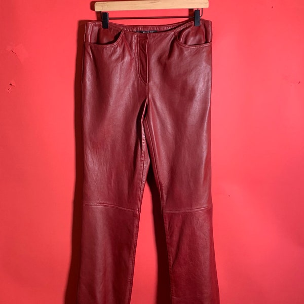 Vintage Late 1990's DKNY Red Leather Pants, Moto, Grunge, Size Womens 8