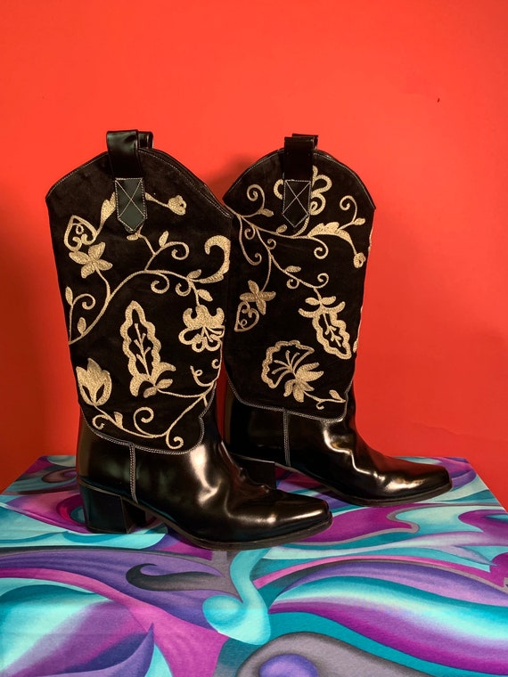 Vintage Black Leather Suede Cowgirl Boots with Wh… - image 1