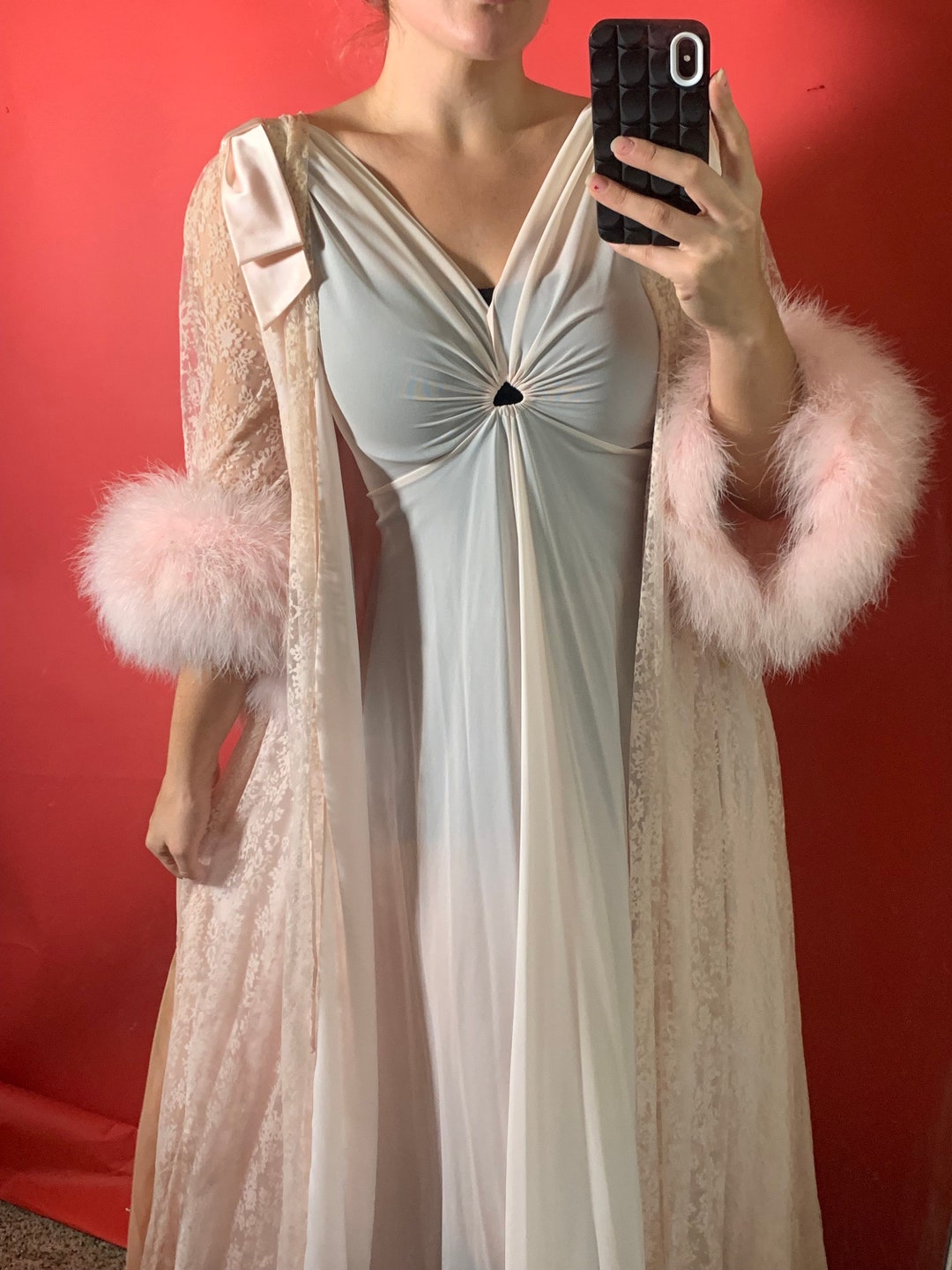 Vintage Lingerie Set Fur Cuffed Robe Peignoir Nightgown Etsy