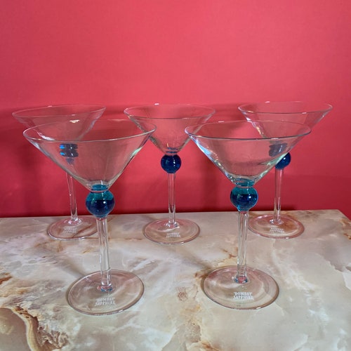 Set shops of 5 Bombay Sapphire Martini Glasses with Blue Ball on Stem