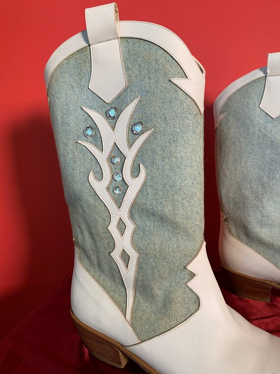 Vintage White Leather And Denim Cowgirl Boots by … - image 2