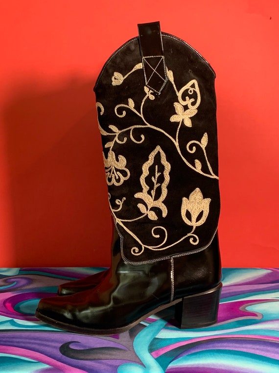 Vintage Black Leather Suede Cowgirl Boots with Wh… - image 5