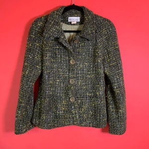 Vintage Blazer Jacket Boucle Wool Mohair Alpaca Lined Olive 80s 90s Peplum USA Size Small 4