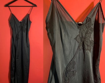 VTG Audra for Alle Black Silk Slip Dress, High Slit Strappy Dress Vintage Lingerie Womens Medium