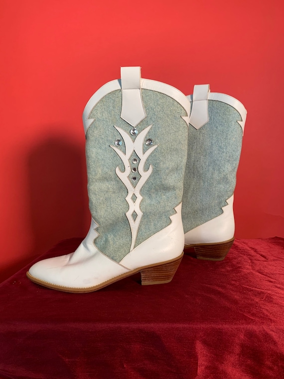 Vintage White Leather And Denim Cowgirl Boots by … - image 5