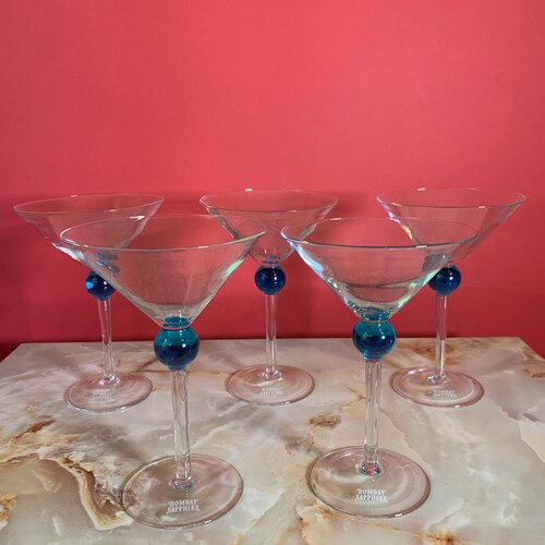 Set shops of 5 Bombay Sapphire Martini Glasses with Blue Ball on Stem