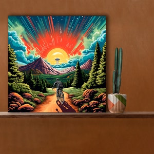 Poster of Mountain Biker in Colorado Hiking Trail With UFO In Sky, Printable, Digital Download, Cool Funky Wall Decor, Alien Photo Spaceship