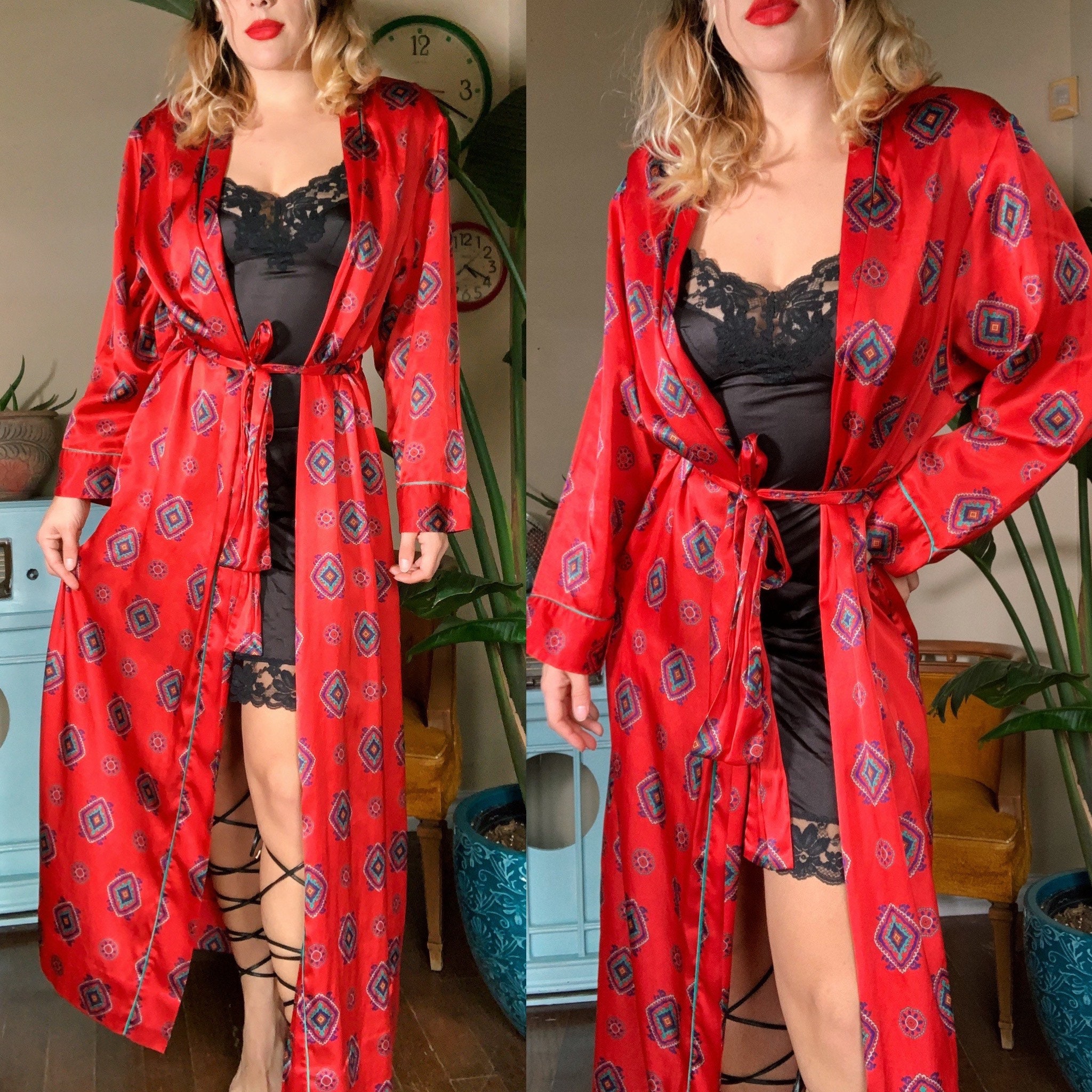 Natori Asian Print Peignoir Duster Robe & Slip Gown Ensemble Circa 1990s