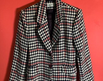 Anni '90 Gianni Sport Made in USA Blazer a spina di pesce da donna 8 medio nero bianco e rosso