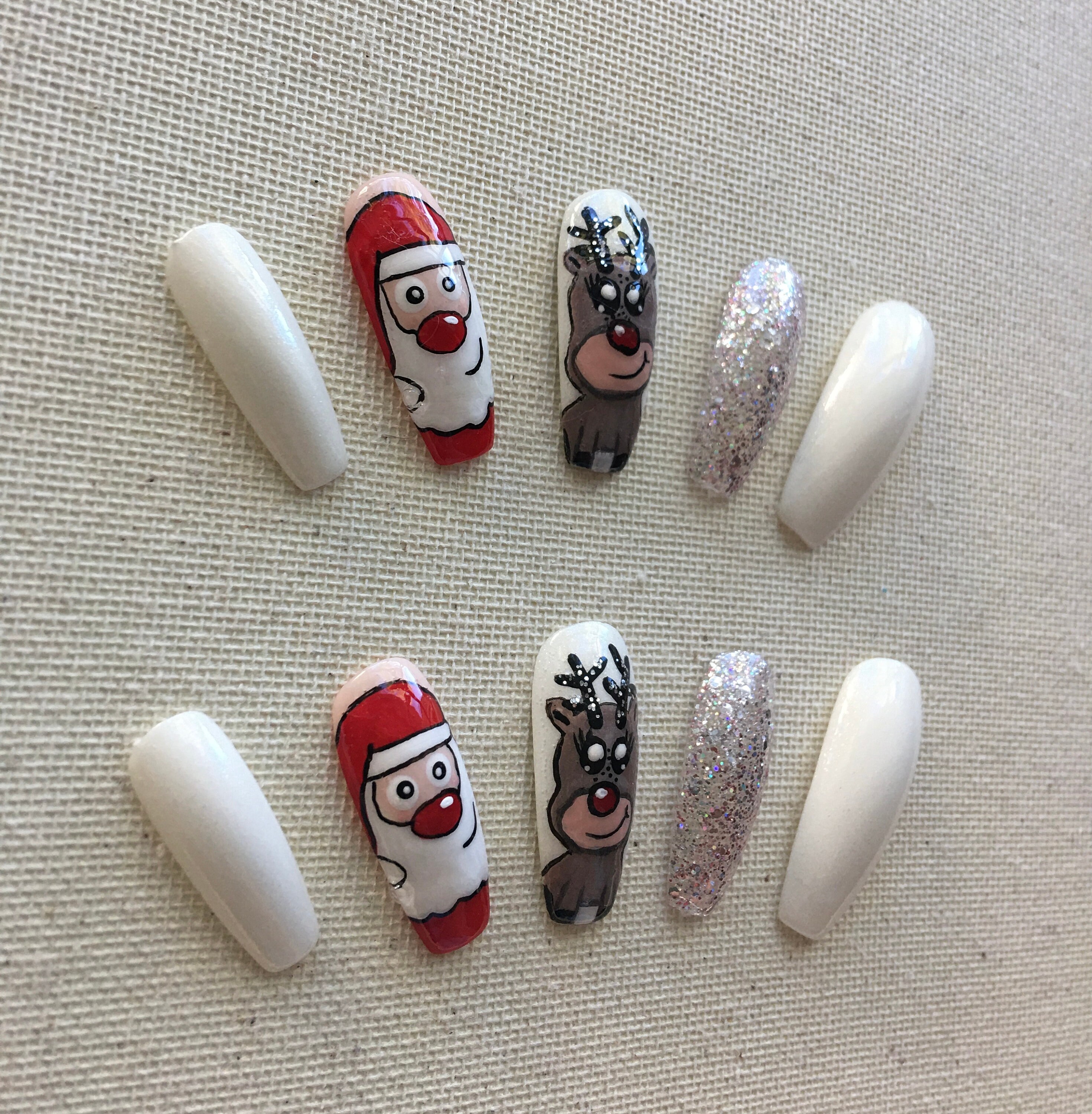 Santa + Rudolph Reindeer Glitter Fake Press on Nail Set 10 Pieces | UV ...