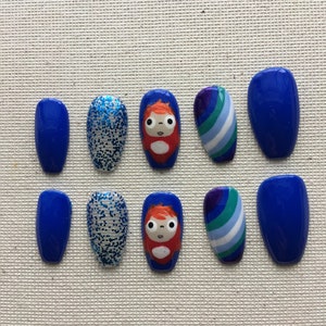 Ponyo Fake Press On Nail Set 10 Pieces | UV Top Coat + Nail Glue