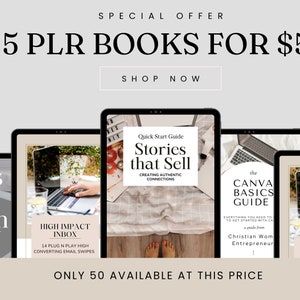 Peut inclure: Un lot de cinq livres numériques de marketing numérique pour 5 €. Les livres numériques sont intitulés "Reels That Reach", "High Impact Inbox", "Stories That Sell", "The Canva Basics Guide" et "High Impact Inbox". Le texte "Only 50 Available at This Price" est affiché en bas de l'image.
