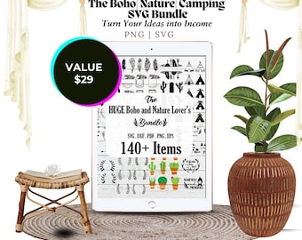140 Camping  Boho SVG Bundle | Nature SVG Designs | Camp Quotes | Teepee SVG | Arrow & Laurel Graphics | Cricut Cut File