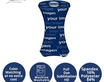 May include: A blue stretch spandex table cover with the text "your logo here" and "your imagen" repeated. The cover is machine washable and made of 84% polyester and 16% spandex. It features full dye sublimation HD printing.