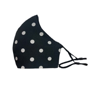 BLACK Polka Dot Face Mask, Adjustable Ear Loops, 100% Cotton in the Inside, Pocket Filter - Black and White