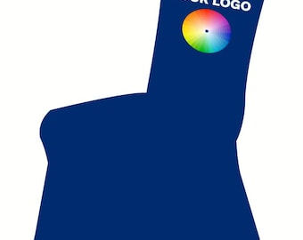 May include: Navy blue chair cover with a white "YOUR LOGO" text and a colorful circle graphic.