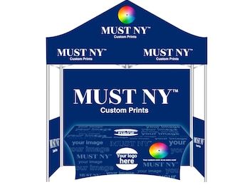 May include: A blue pop-up canopy tent with the text "MUST NY" and "Custom Prints" printed on the sides. The tent is set up with a table covered in a blue tablecloth with the text "MUST NY" and "Your logo here" printed on it.