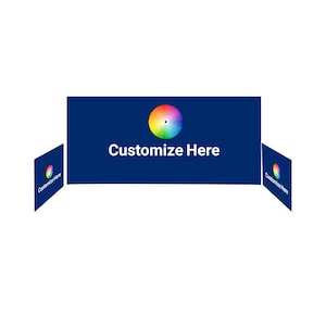 May include: A dark blue display with the white text "Customize Here". A colourful wheel graphic is above the text. Two smaller displays with the same graphic and text are on either side.