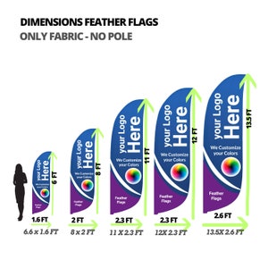 May include: Five different sizes of feather flags with the text "Your Logo Here" and the words "We Customize Your Colours" printed on them. The flags are blue, purple, and green with a rainbow circle graphic. The flags are shown with their dimensions in feet.