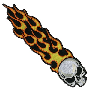 May include: Embroidered patch featuring a skull at the end of a flame design. The flames are yellow and orange with black outlines. The skull is white with black details.
