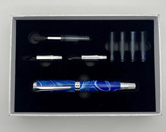 Calligraphy Gift Set | Hand-Turned | Writer's Gift | Blue Wave | Fountain Pen | Ink Cartridges | Replacement Nibs