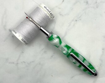 Green & White Acrylic Single Blade Seam Ripper, Needle Threader, Stiletto/Awl | Gift for Sewers, Quilters, Embroiderers