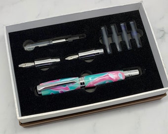 Hand-Turned Calligraphy Gift Set | Writer's Gift | Pink & Teal