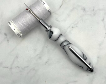 White with Black Lines Acrylic Single Blade Seam Ripper, Needle Threader, Stiletto/Awl | Gift for Sewers, Quilters, Embroiderers