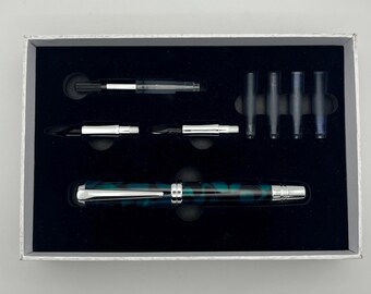 Calligraphy Gift Set | Hand-Turned | Writer's Gift | Dark Emerald | Fountain Pen | Ink Cartridges | Replacement Nibs