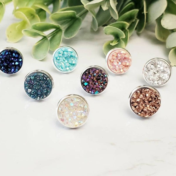 Druzy Stud Earrings - 10mm Rose Gold Druzy Earrings, Turquoise Druzy, Aurora Druzy, Silver Druzy, Gift Idea