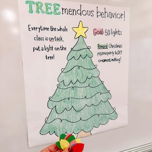 May include: A green Christmas tree with a yellow star on top. The tree has a string of lights around it. The text "TREE mendous behavior!" is at the top of the image. The text "Goal: 50 lights" is on the right side of the tree. The text "Reward: Christmas pyjama party & DIY ornament making!" is below the goal text.