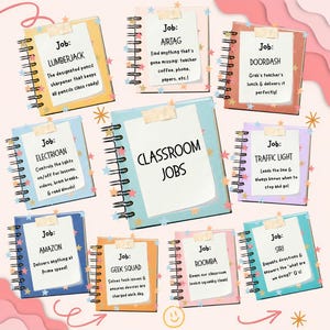 May include: A set of ten spiral-bound notebook cards featuring classroom job titles and descriptions. The central card reads "CLASSROOM JOBS" surrounded by smaller cards labeled with roles like "LUMBERJACK," "AIRTAG," "DOORDASH," "ELECTRICIAN," "TRAFFIC LIGHT," "AMAZON," "GEEK SQUAD," "ROOMBA," and "SIRI" with colorful star accents.