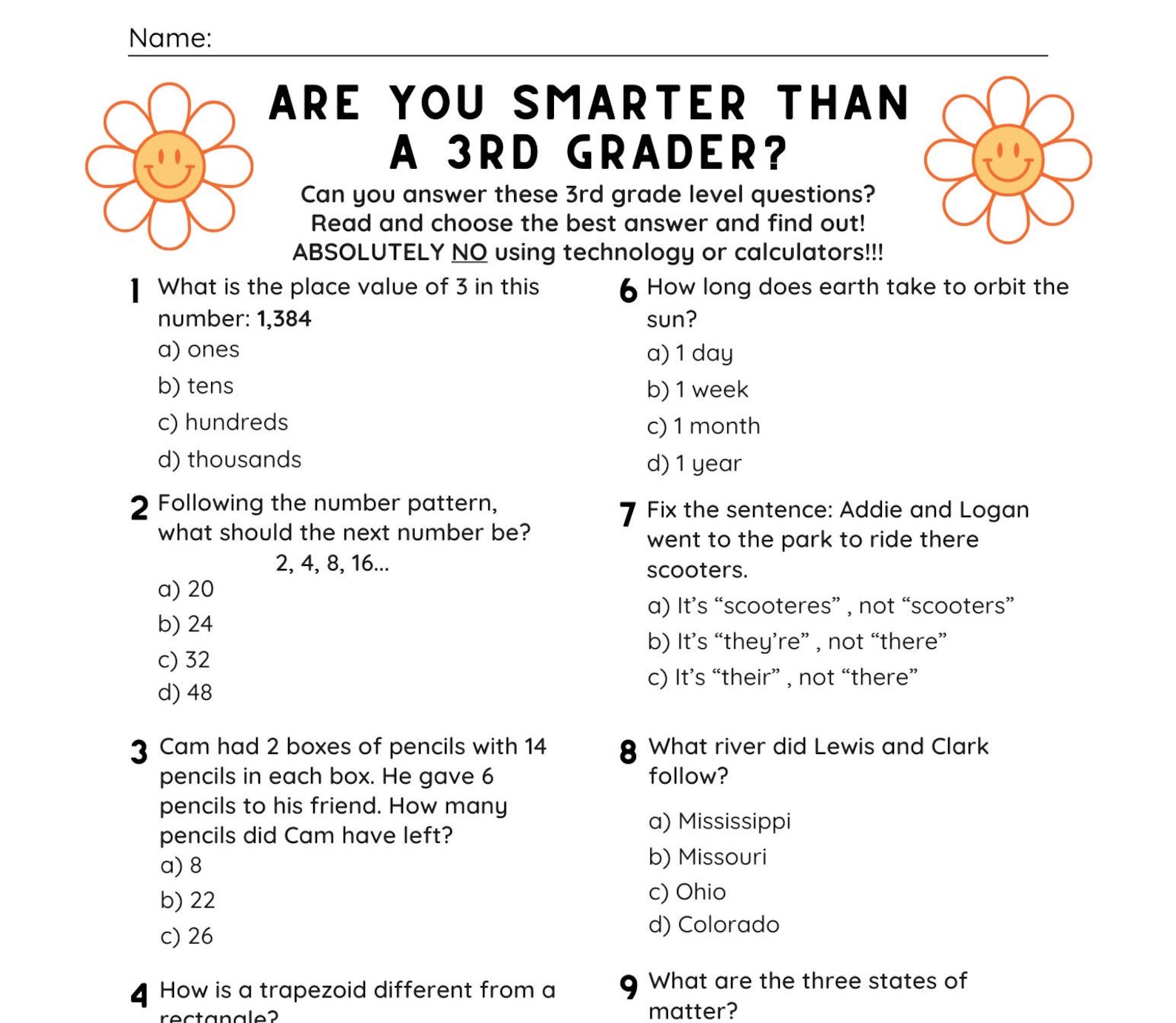 Are You Smarter Than a Third Grader? Game/quiz - Etsy