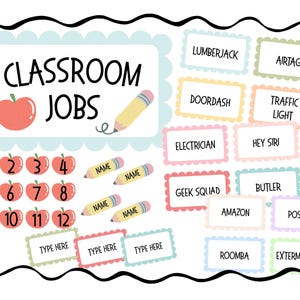 May include: A classroom jobs chart featuring a large header with an apple and pencil graphic. It includes twelve numbered apple icons, four blank pencil labels, and several rectangular cards with job titles like Lumberjack, Doordash, and Roomba.