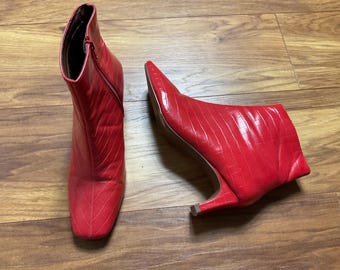 Next Red Croc Effect Ankle Boots UK 6.5 EU 40 Block Heel Statement Heels