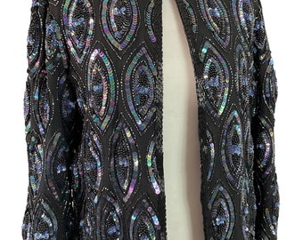 VTG 80s Kuku Esprit czarna jedwabna marynarka z koralikami i cekinami UK 10 12 gatsby