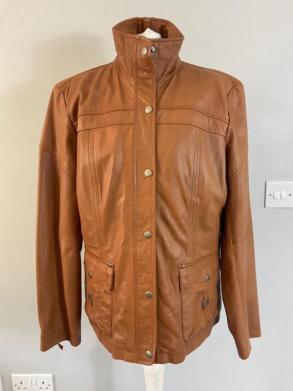 VTG C&A Yessica ladies caramel brown real leather zip up jacket UK 16 pockets