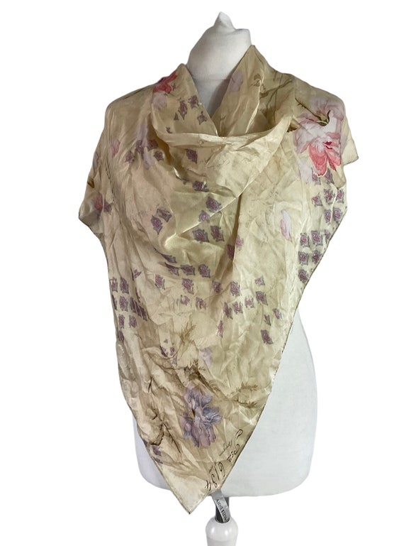 Anne Klein cream 100% silk satin floral print squa