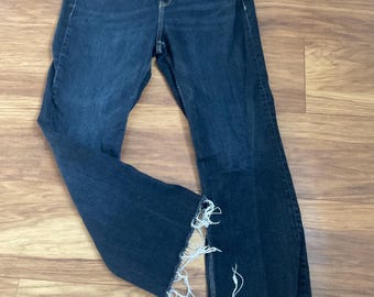 Zara Dark Wash Frayed Hem Flare Jeans UK 14 Bootcut Y2K Denim Trend