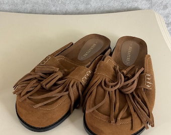 Next Signature Brown Suede Tassel Fringe Loafer Mules UK 6 EU 39 Boho Preppy