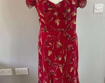Midi dress Y2K BCBG Maxazria red floral print silk lace trim UK 12