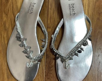 Beach Collection Silver Sandals UK 6 Boho Charm Flip Flops Metallic Festival