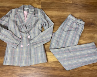 Women Teorema Check Suit Set UK 6 Cotton Linen Blazer & Trousers Smart Tailored