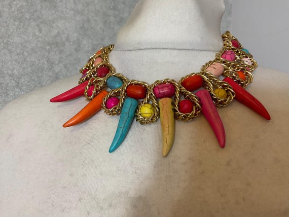 Multicoloured statement necklace Bright tooth hor… - image 2