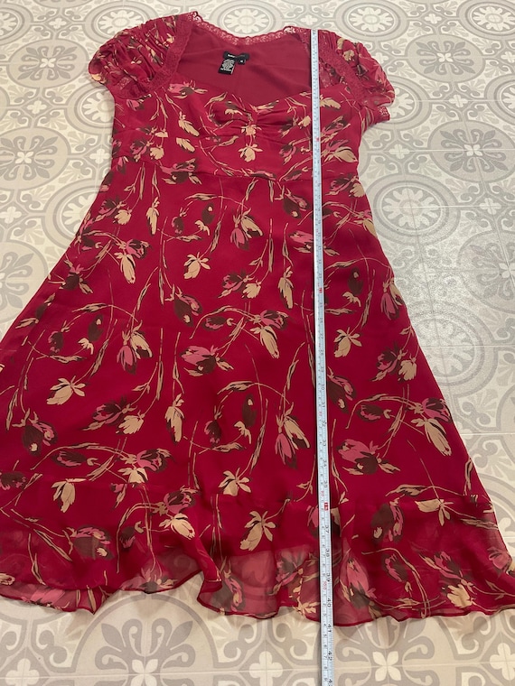 Midi Dress Y2k Bcbg Maxazria Red Floral Print Silk Lace Trim UK 12