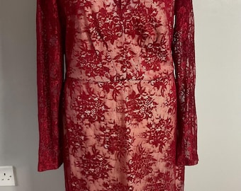 River Island Dress Burgundy Red Lace Long Sleeve Scallop Hem Pencil Midi UK  16 - Etsy